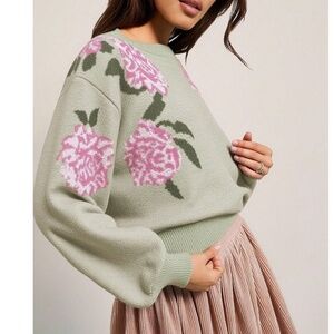 Cozy Floral Print Round Neck Loose Fit Sweater Top